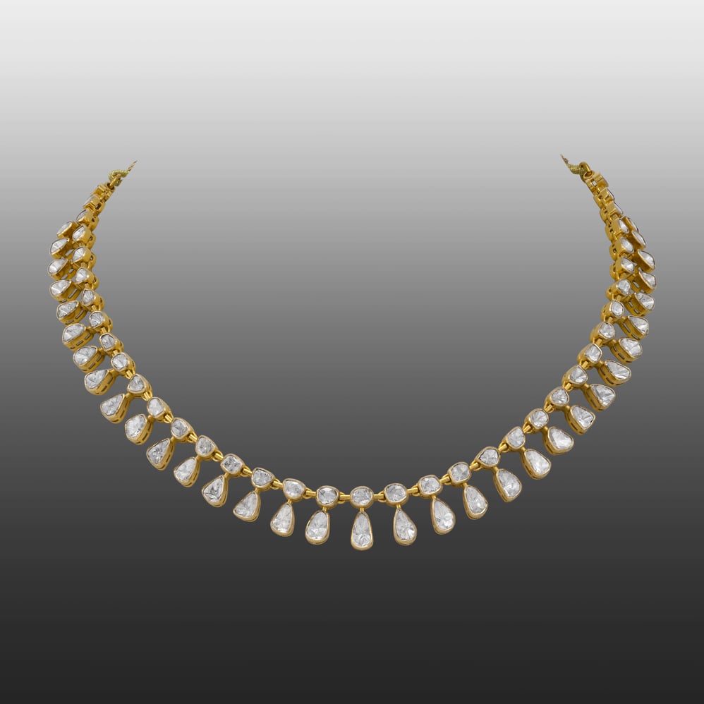 Polki Necklace with Cascading Pear-Shaped Drops in Open Setting